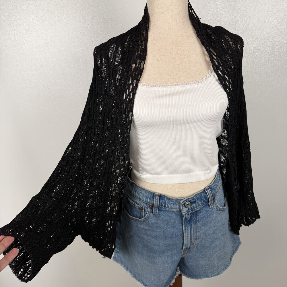 Alberto Makali Black Open Knit Batwing Dolman Cardigan Shrug Boho 1X Silk Artsy